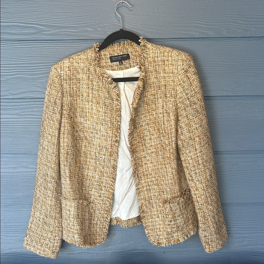 Jones New York Beige Tweed Fringe Open-Front Blazer